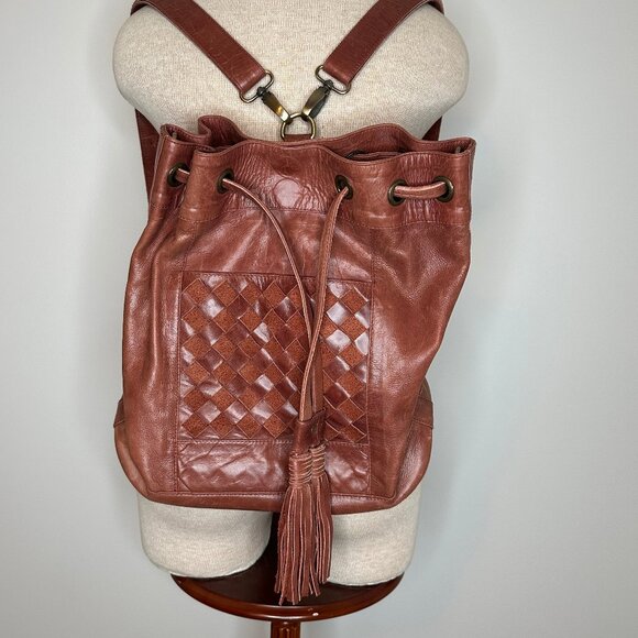 Bali Elf Women's Convertible Leather Backpack Bucket Bag Brown Checkerboard - Picture 1 of 7